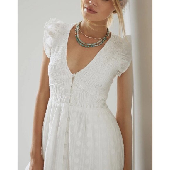 Anthropologie Peregrine MIDI Dress White Size S smocked flutter sleeve - Picture 3 of 16